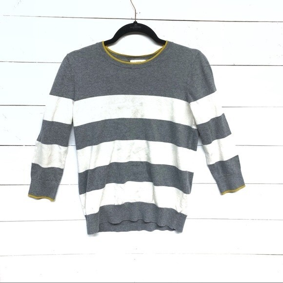 LOFT sweater womens grey/white striped 3/4 sleeve sweater medium - Picture 5 of 5